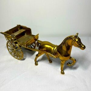 Vintage Decorative Solid Brass Horse & Cart - Working Wheels Figurine Antique